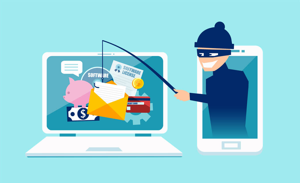 Phishing-Angriffe und Tricks der Kriminellen Illustration eines Hackers, der Phishing-Methoden verwendet, um sensible Informationen zu stehlen.