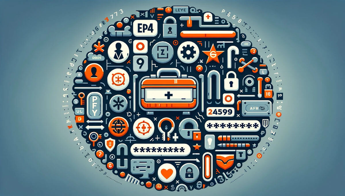 Sicherheitssymbole Illustration Digitale Symbole für Datensicherheit und Verschlüsselung schweben über Laptops und Tablets auf einem Schreibtisch, die Cybersicherheit und den Schutz sensibler Daten darstellen.