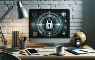 Computerbildschirm mit Schlosssymbol, umgeben von weiteren digitalen Sicherheitselementen auf einem Schreibtisch.